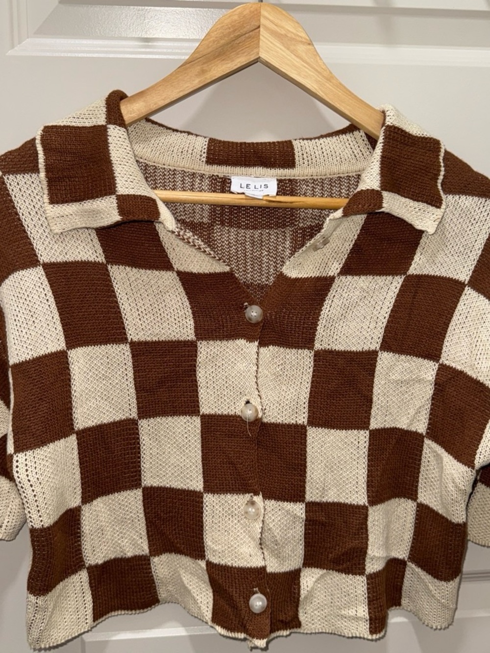 Le Lis Brown and Cream Checker Button-Front Knit Polo